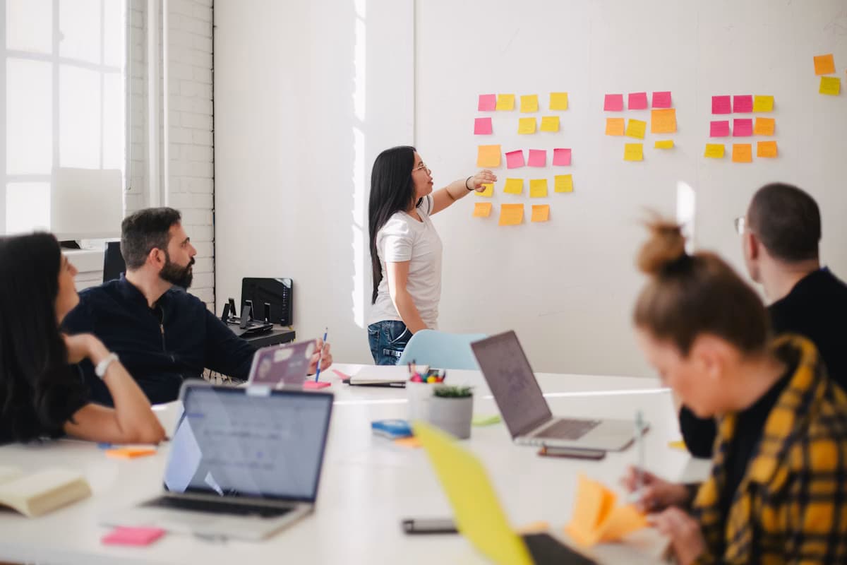 Professional team discussing business strategy in a modern office
